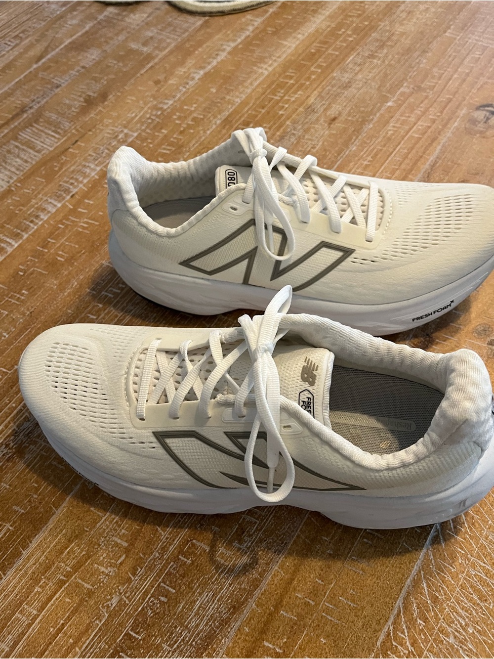 New Balance White and Sea Salt women’s running shoe. 1080 Fresh Foam